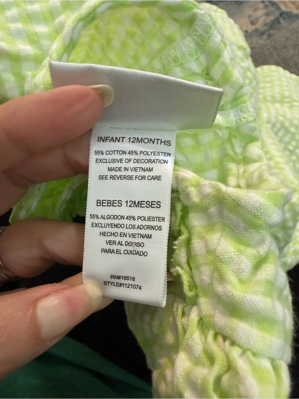 Youngland seersucker Light Green Gingham Dress Pink Floral Appliqués size 12m